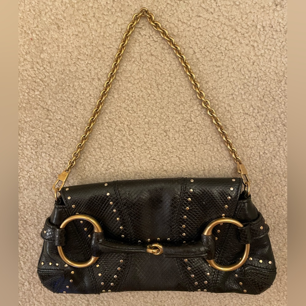 Auth Gucci Tom Ford small studded horsebit clutch chain strap REAL black python